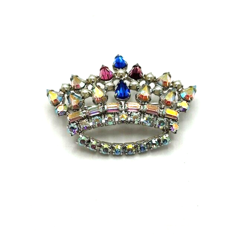 Vintage B. David Family‎ Mother's Crown Brooch Rhinestones Faux Pearls Pin